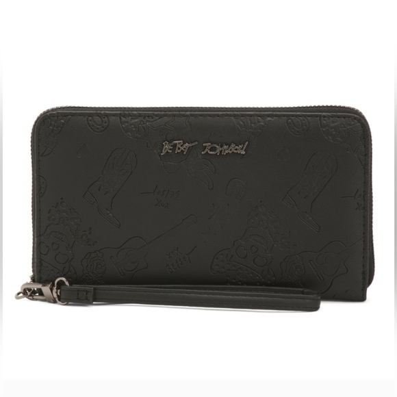 🔹️Betsey Johnson🔹️ Black Faux Leather Embossed Cowboy Skull Western ZA Wallet - Picture 1 of 6